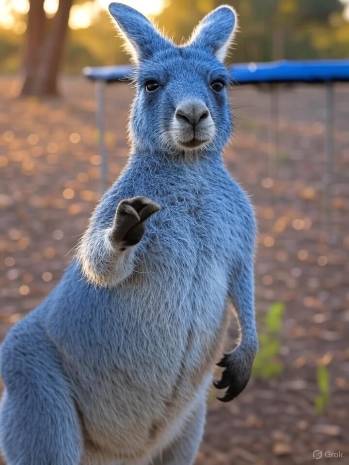 Blue Kangaroos with a trampoline in the background.
