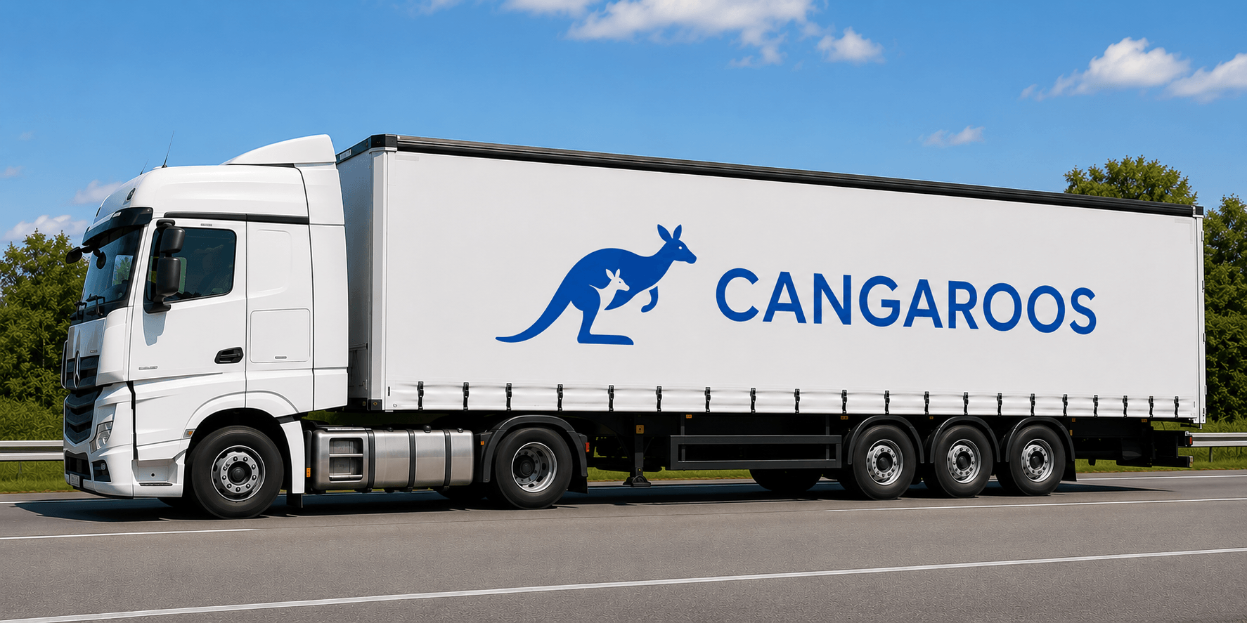 White articulated lorry with a CANGAROOS logo in blue on the trailer.